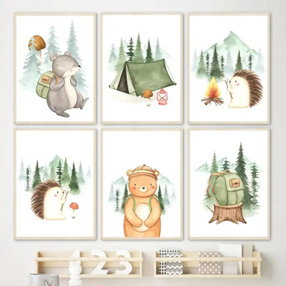 Affiche adorables animaux en camping - affiche