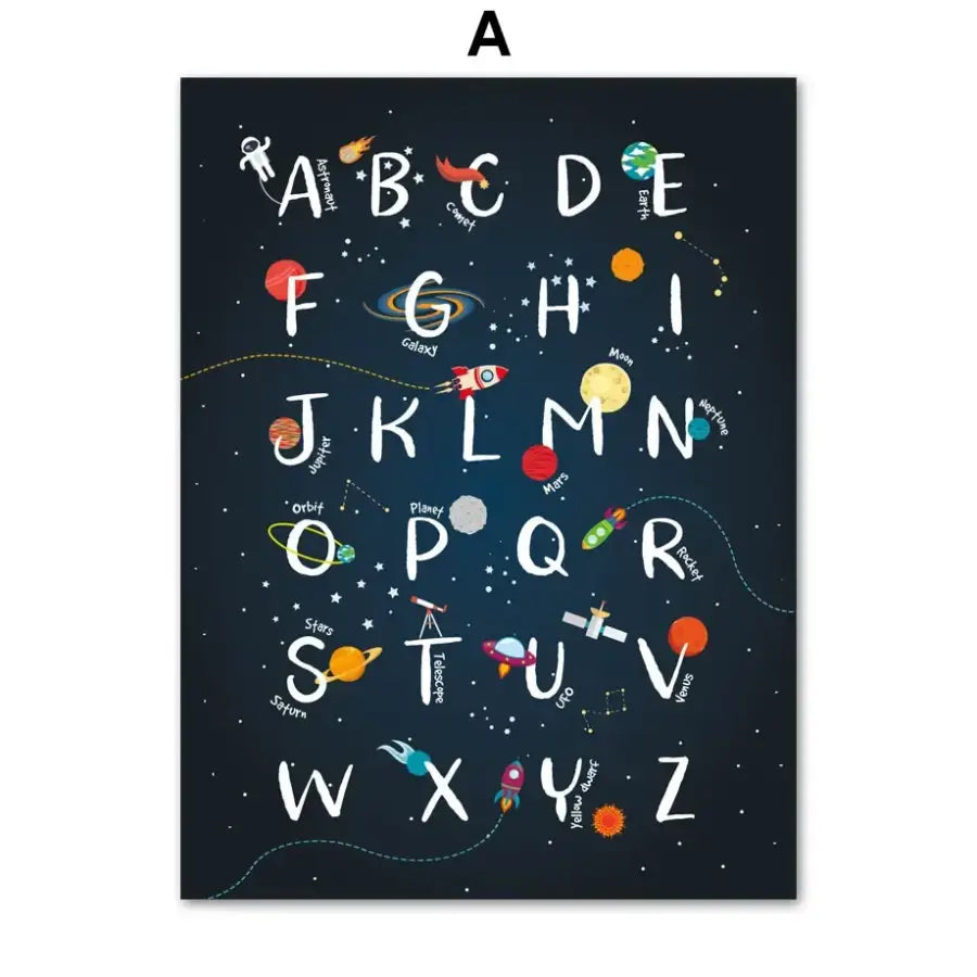 Affiche alphabet chiffres planète et fusée - A / 40X60 cm