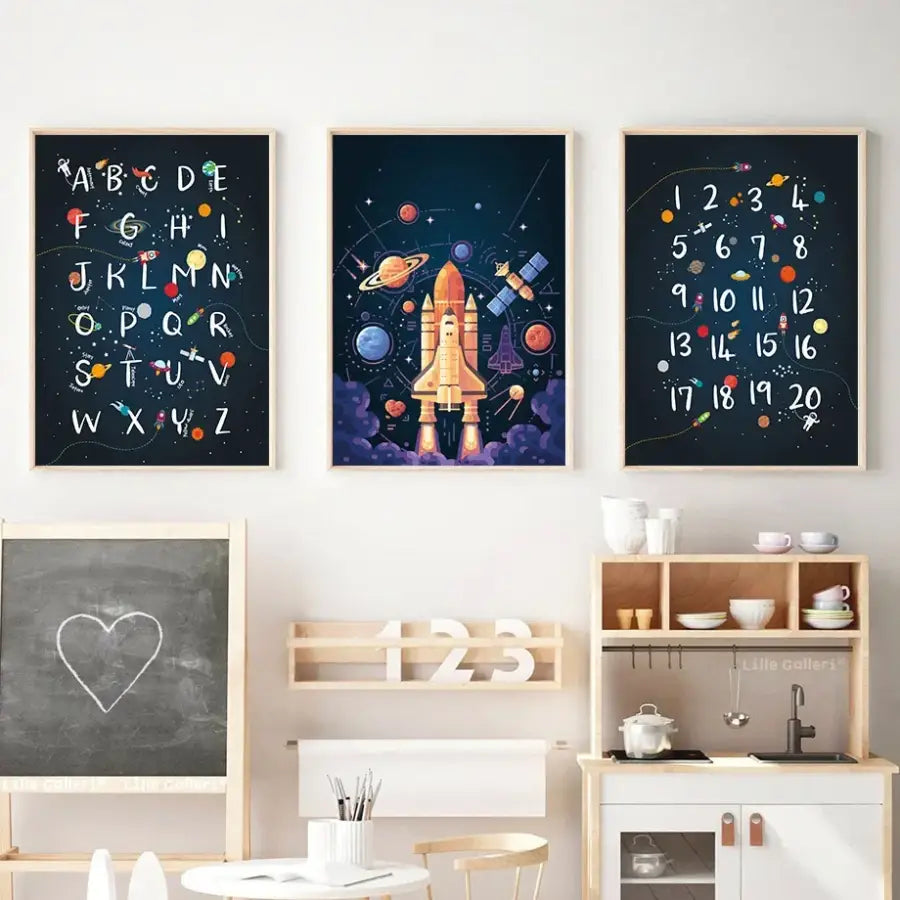 Affiche alphabet chiffres planète et fusée - affiche