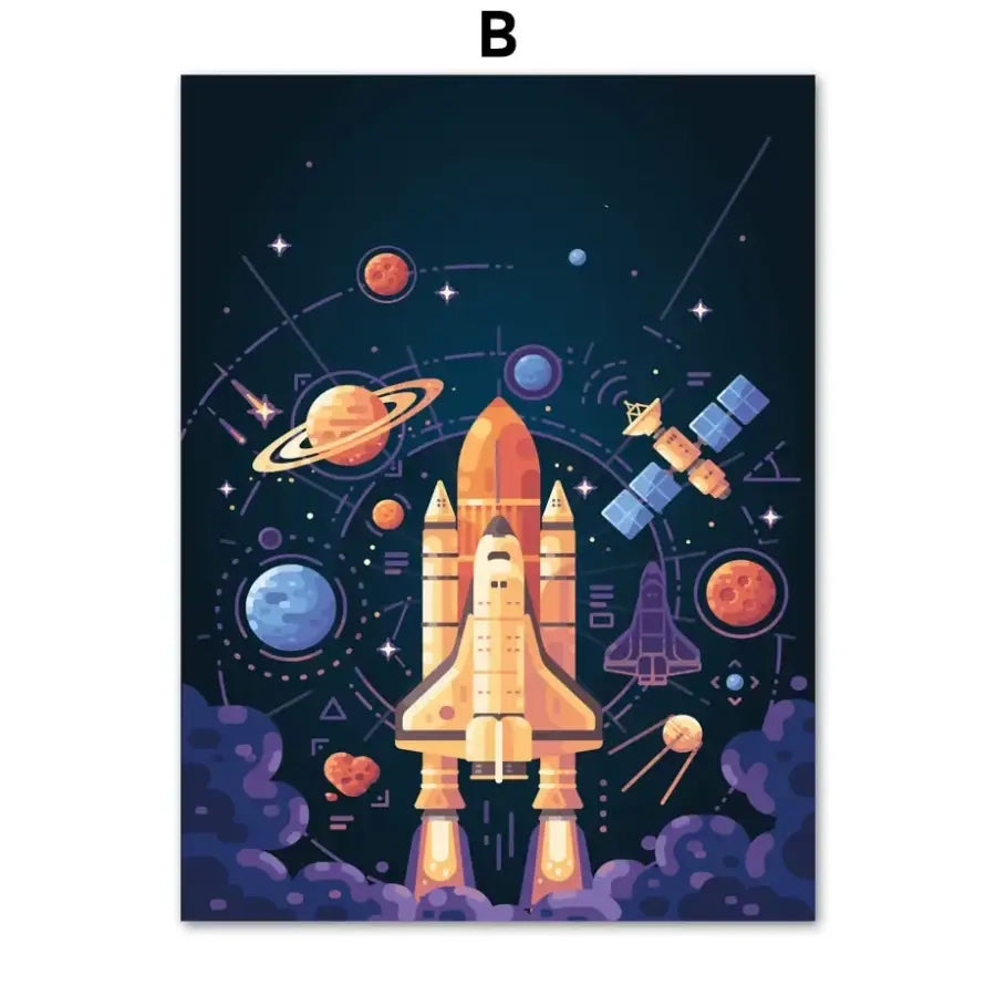Affiche alphabet chiffres planète et fusée - B / 50X70 cm