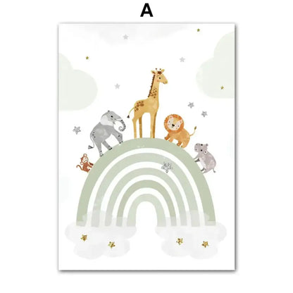 affiche animaux de la savane arc en ciel vert - A / A4