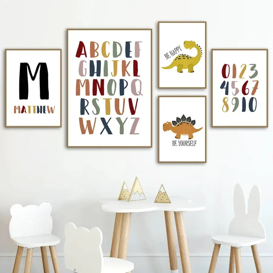 Affiche dinosaure alphabet coloré avec prénom