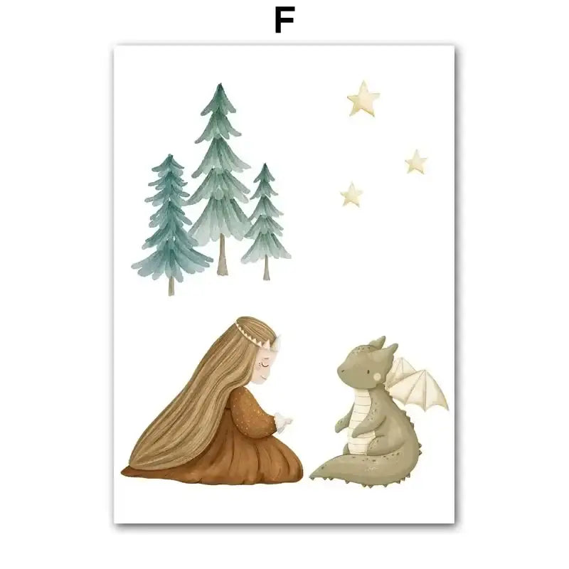 Affiche princesse et dragon mignon - F / A4 21X30 cm
