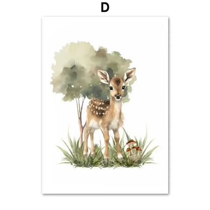 Affiche toile animaux de la foret et arbre - D / 30X40 cm