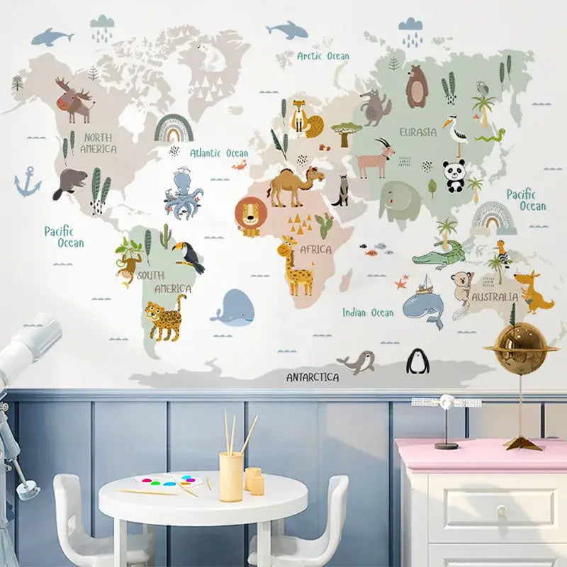 stickers muraux carte du monde avec des animaux - stickers