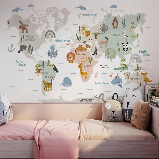 stickers muraux carte du monde avec des animaux - stickers