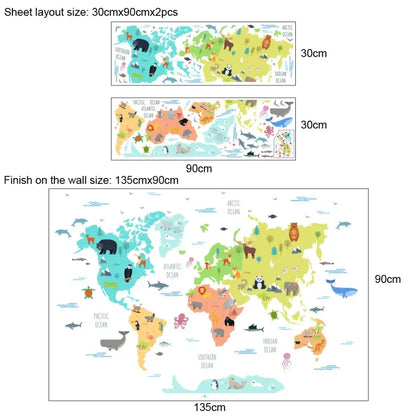 stickers muraux carte du monde avec des animaux - carte